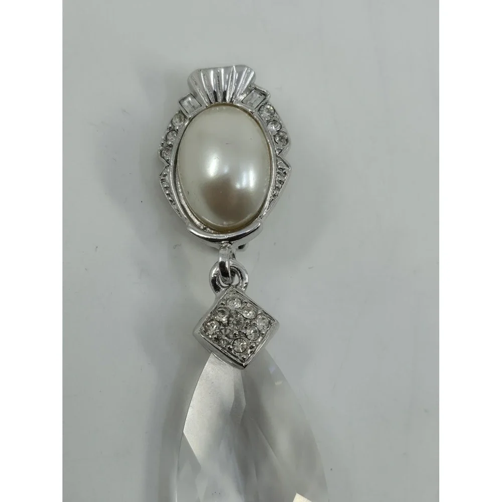 Vintage Signed Craft Silver Tone Faux Pearl Rhinestone Teardrop Crystal Brooch